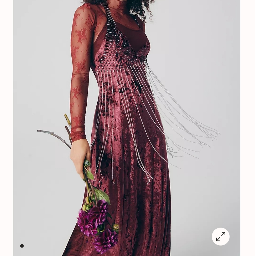 Free People Velvet Fringe Maxi Dress in Wine/Burgundy